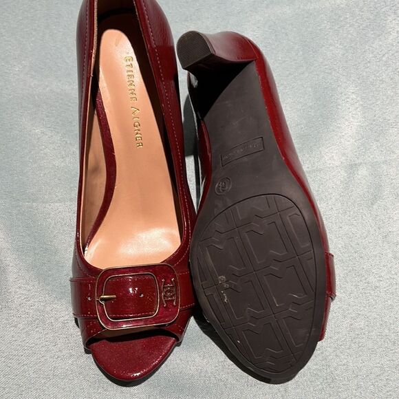 ETIENNE AIGNER Dune Red Patent Vegan Open-Toe Heels Shoes Size 6.5M Buckles B42 - Picture 10 of 10